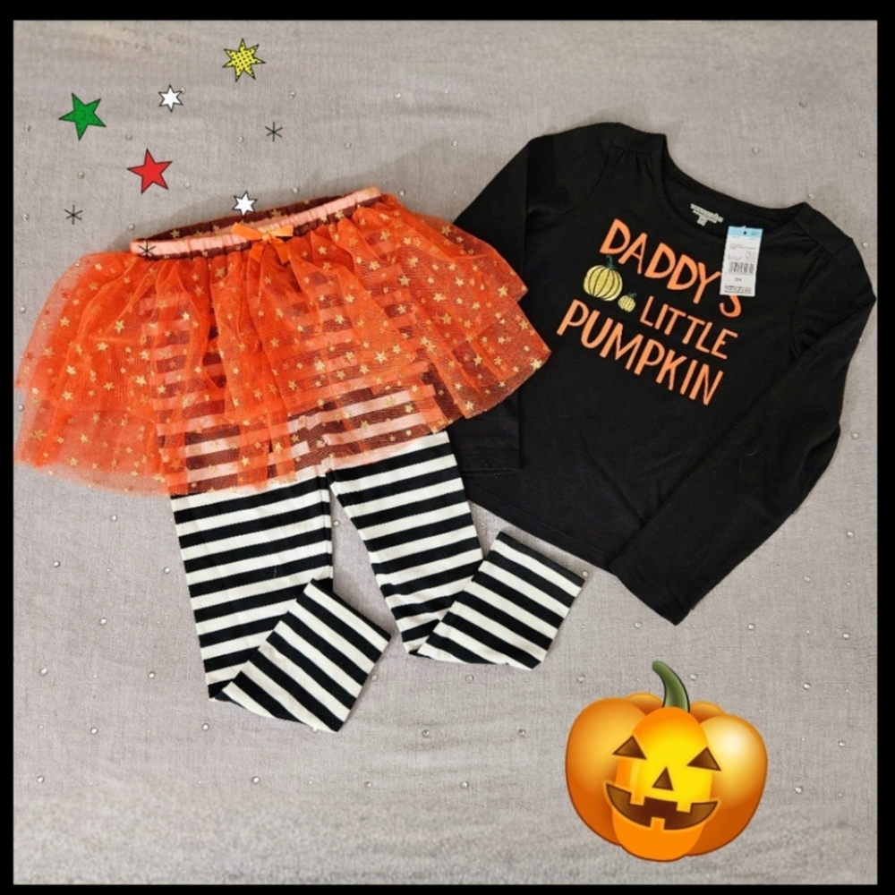 HALLOWEEN Girls Toughskins Daddy’s Little Pumpkin Black/Orange Glitter Sz 3T